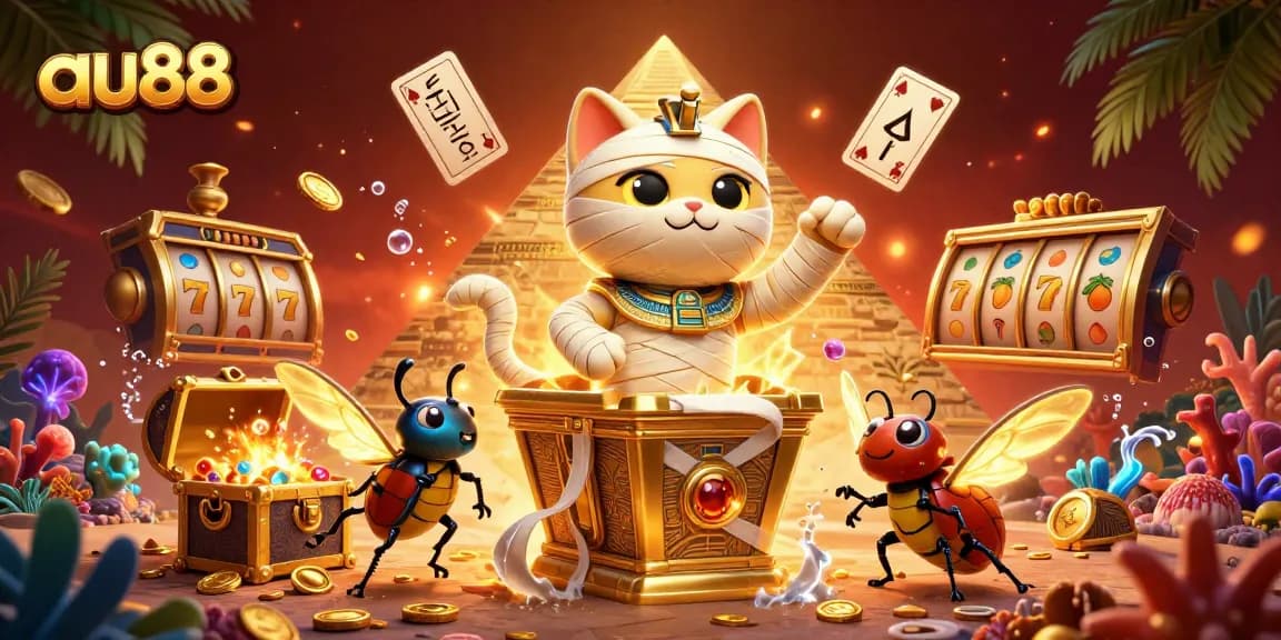 Experience thrilling wins and adventures at au88 with a vibrant 3D casino scene exploding with excitement from treasures and games.