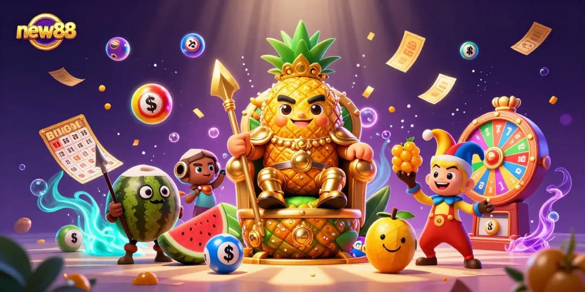 Experience the excitement of new88 with vibrant characters and dynamic casino elements in this colorful illustration.