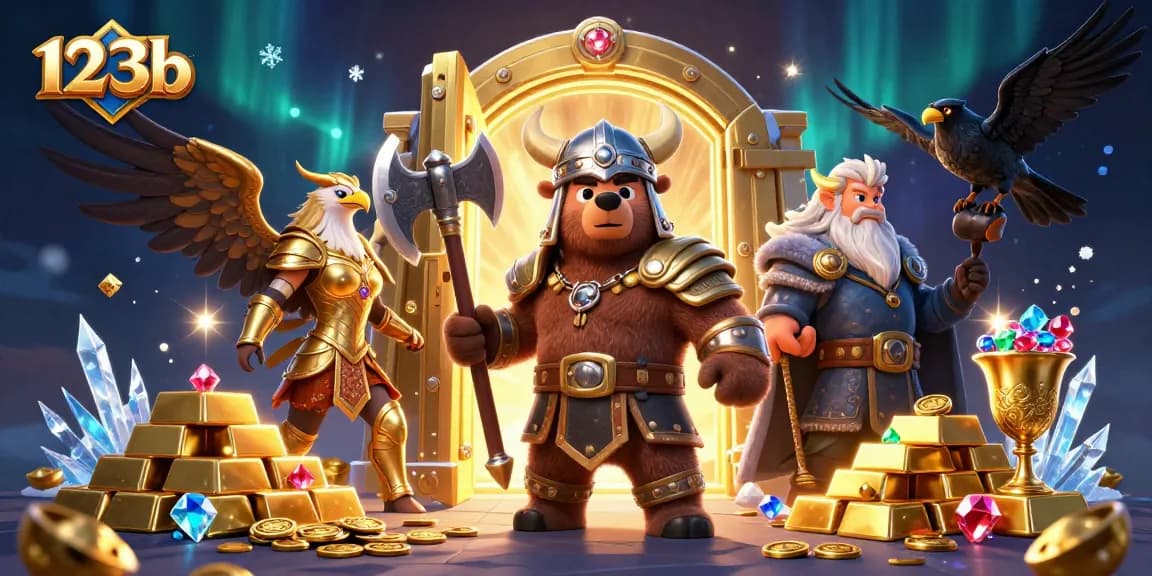 Engage in thrilling 123b gameplay with Viking characters amidst treasure in a vibrant 3D scene.
