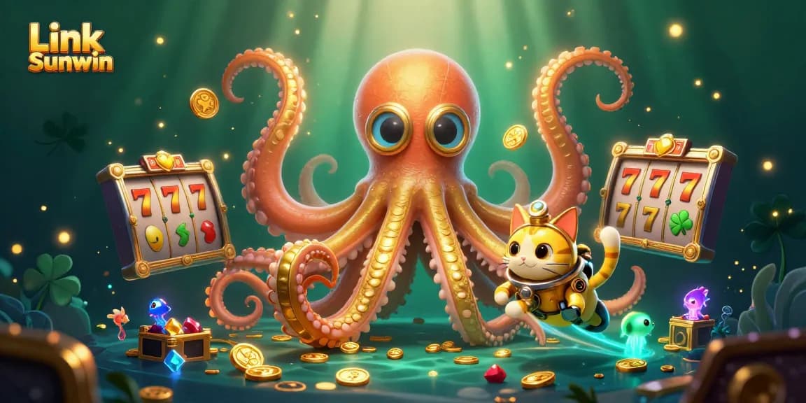 Engage in thrilling games at Link Sunwin, where a cartoon kraken and diving cat bring excitement to slots.