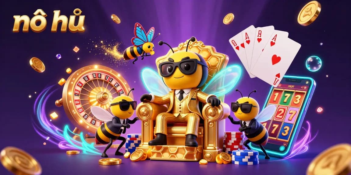 Experience nổ hũ with a vivid scene filled with golden coins, slot reels, and animated characters.