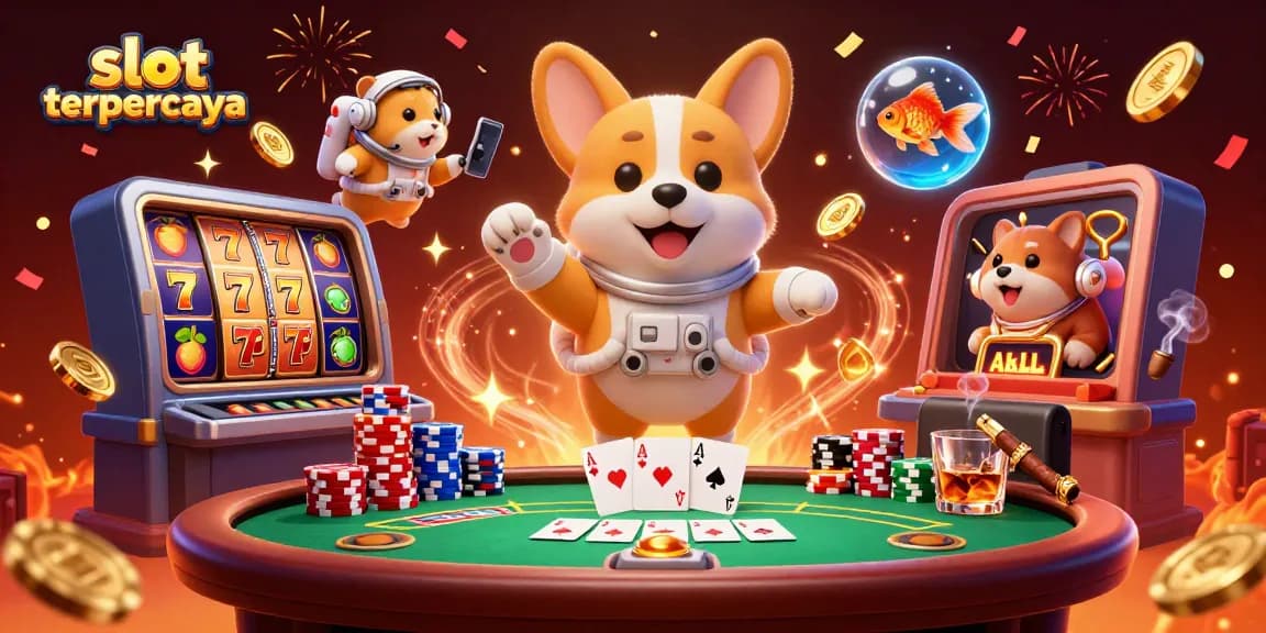 Win big with slot terpercaya in a vibrant space casino among colorful poker chips and floating characters.