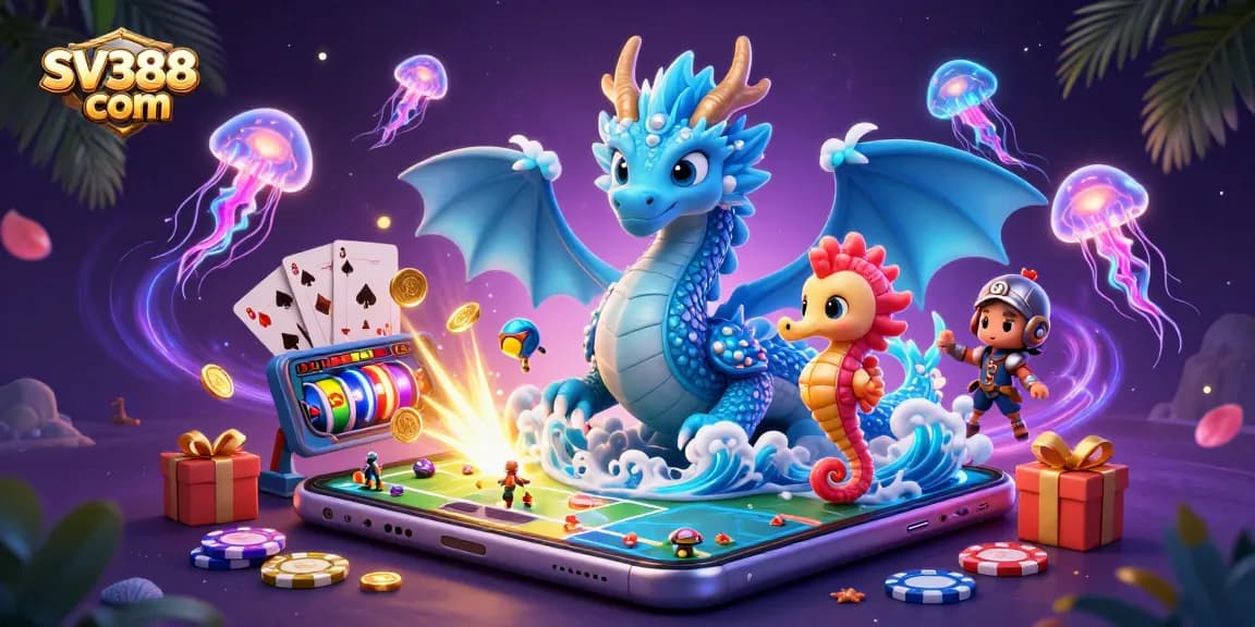 Experience the thrill of SV388 com with a vibrant illustration of an azure dragon, seahorse knight, and glowing jellyfish in a dynamic gaming scene.