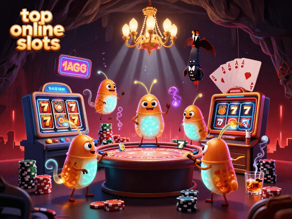 Experience the excitement of top online slots in a vibrant casino scene with glowing characters and rich details.