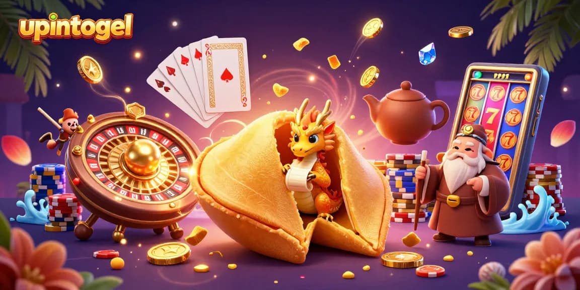 Engage with upintogel in this vibrant casino scene featuring fortune cookies and dynamic gaming elements.