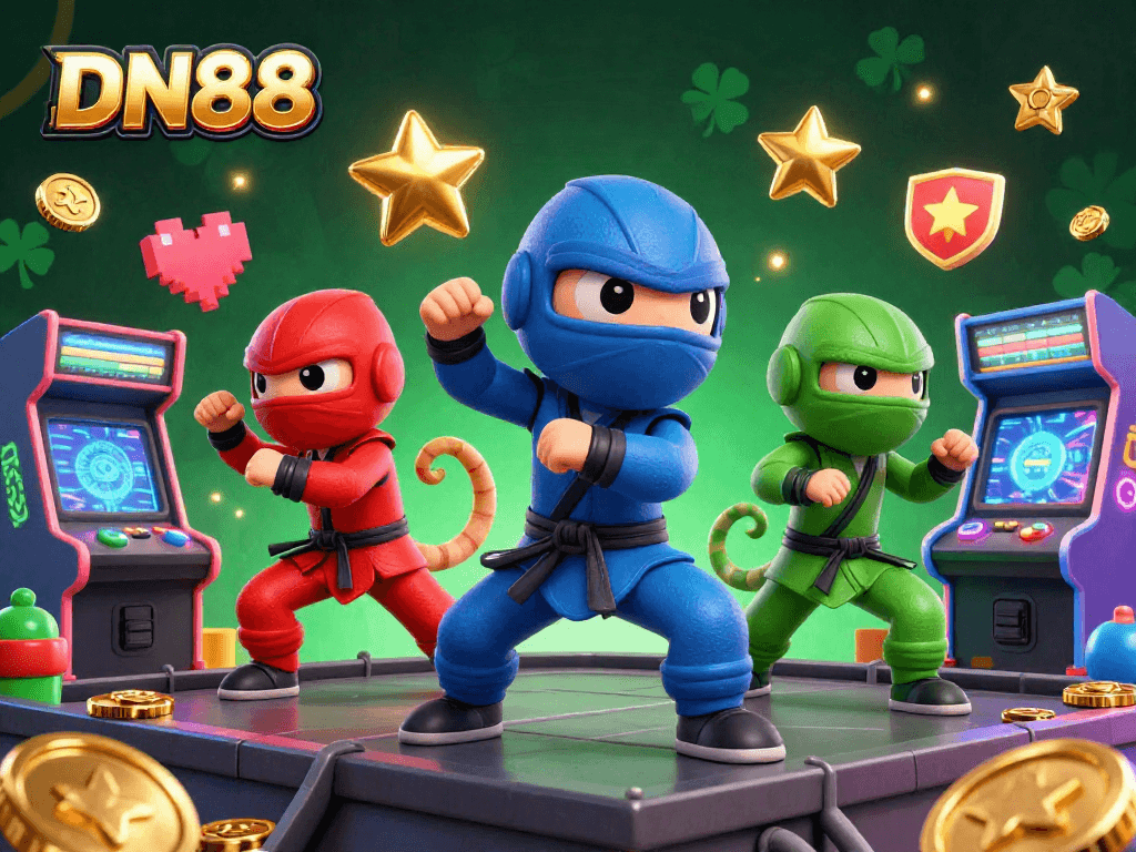 Experience DN88's vibrant 3D chameleon ninjas showcasing martial arts in a dynamic casino montage.
