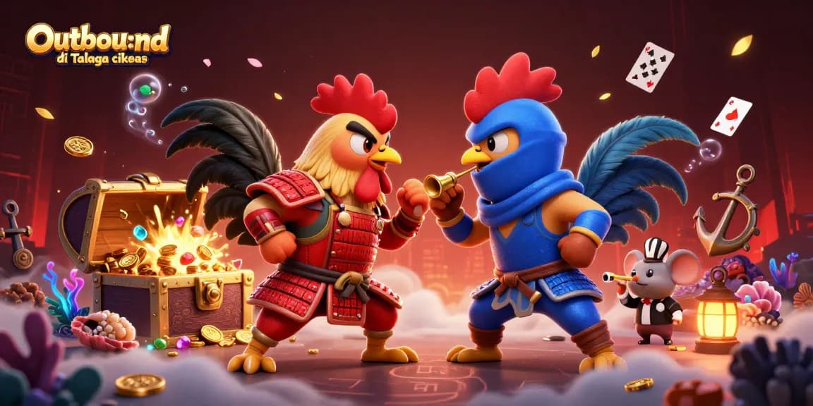 Engage in thrilling Outbou:nd di Talaga cikeas, where fighting roosters face off amid colorful gaming elements and treasures.