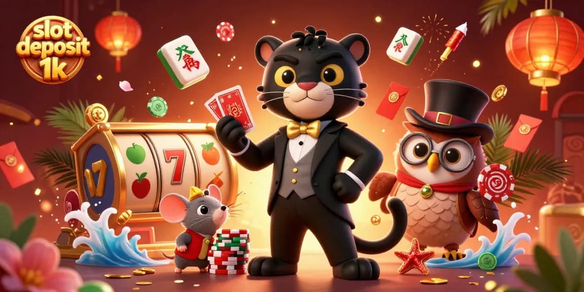 Engage with thrilling slot deposit 1k gaming featuring a panther dealer, owl with chips, and lucky mouse.