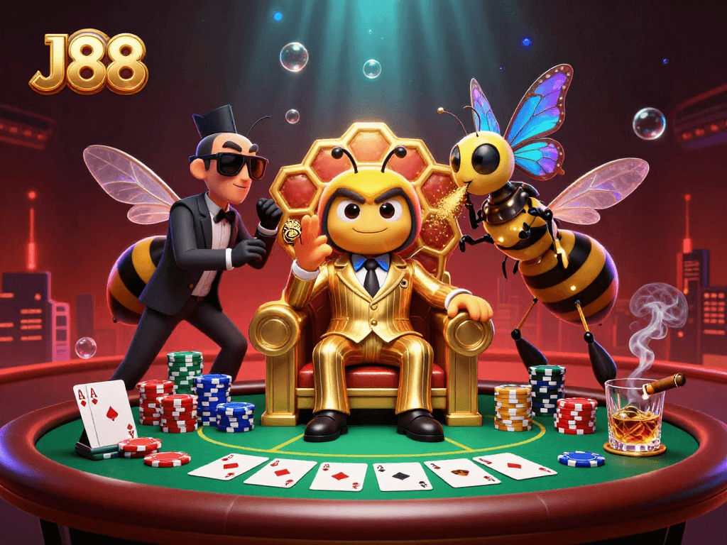 Experience the thrilling atmosphere of J88 with animated casino elements and vibrant characters.