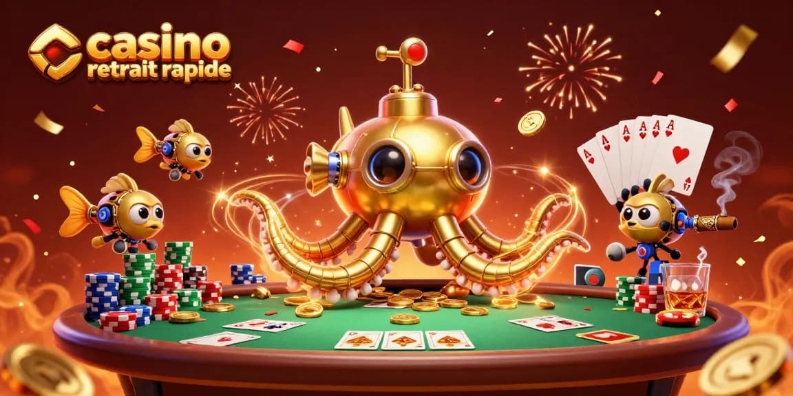 Illustration d'un kraken en or et ses poissons mécaniques, symbolisant le casino retrait rapide en pleine action.