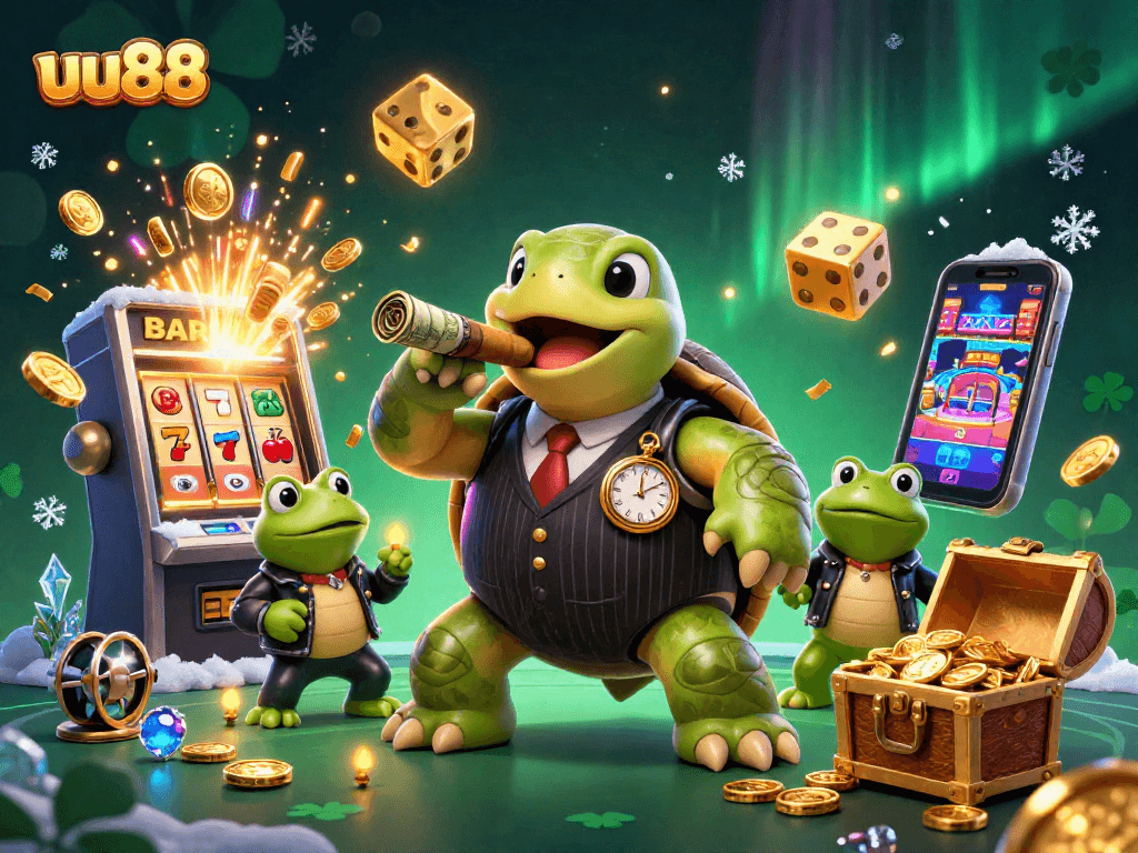 Engage with the vibrant scene of uu88 featuring a massive turtle mobster amidst dynamic casino elements.
