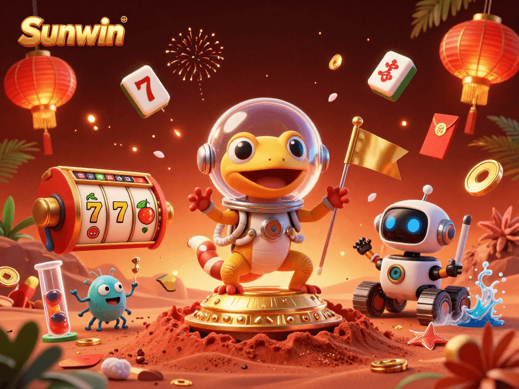Sunwin delivers exciting gaming where a Martian gecko uncovers a golden casino in this vibrant scene.