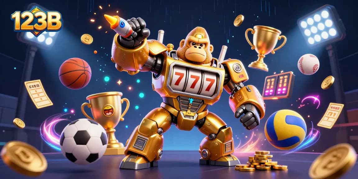 Experience winning moments with the 123B golden gorilla mech in a dynamic sports-themed casino setting.