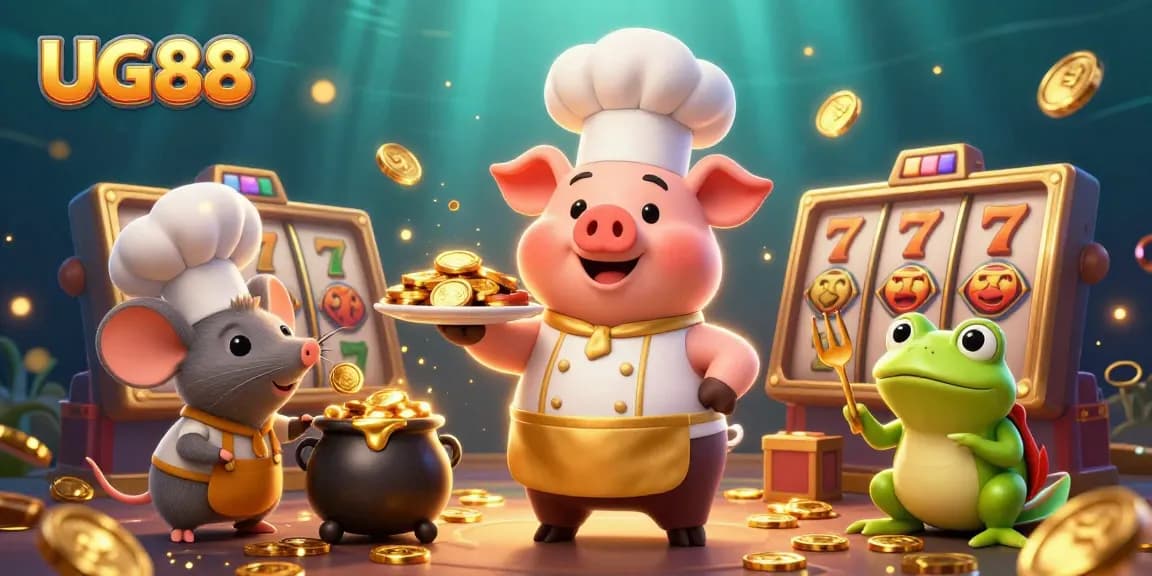 Experience thrilling slot games at UG88 with an energetic chef pig serving up gold coins.
