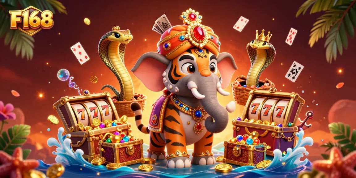 Experience thrilling wins at F168 with a vibrant casino scene featuring a tiger and elephant surrounded by slot reels and treasures.