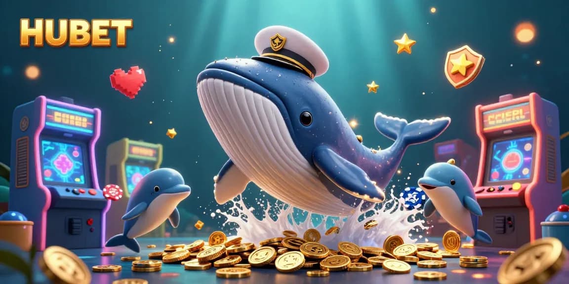 HUBET offers dynamic gameplay with a massive whale and playful dolphins in a vibrant casino atmosphere.