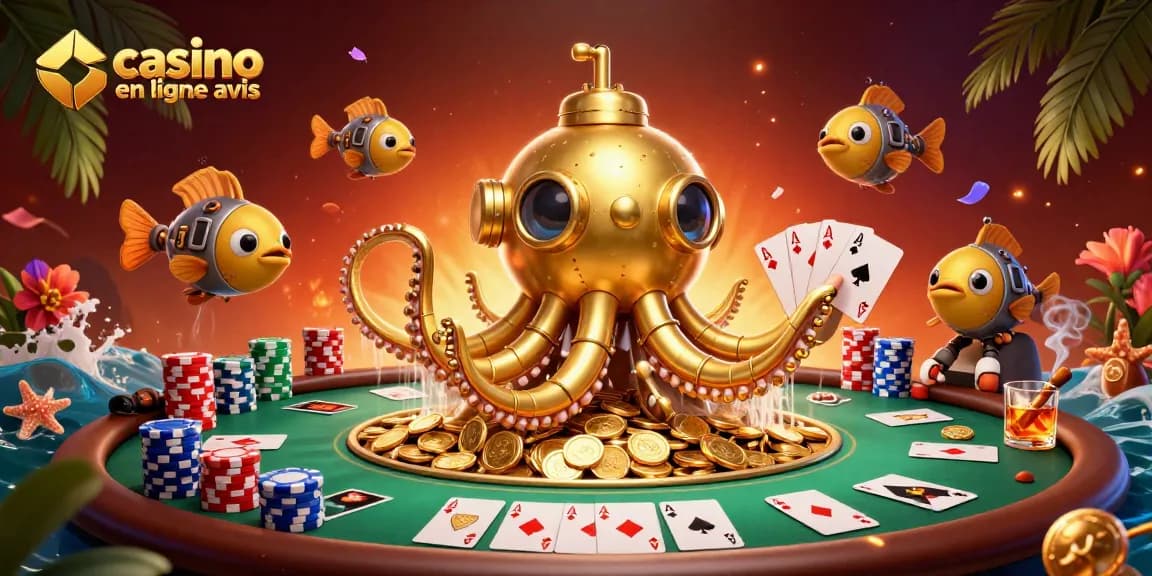 Un avis sur le casino en ligne avec un kraken sous-marin doré et des poissons mécaniques dans une scène dynamique.