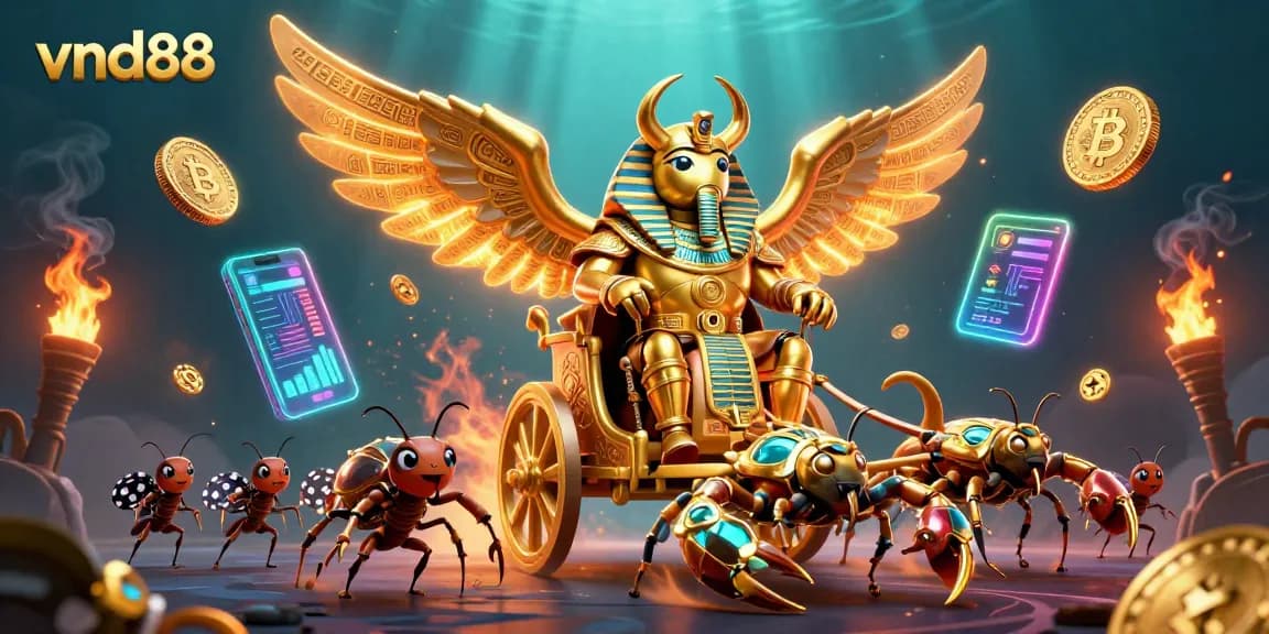 Experience the excitement of vnd88 with a vivid casino-themed 3D illustration featuring a golden scarab and crypto elements.