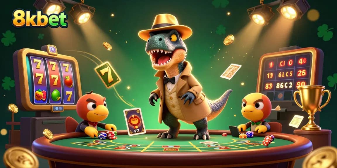 Experience the excitement of 8kbet with a dynamic 3D casino scene featuring a velociraptor card counter.