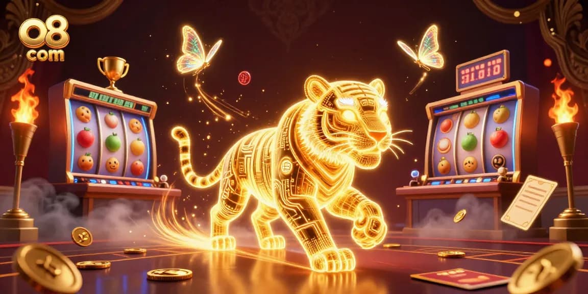 Experience thrilling games at o8 com with a neon tiger in a vibrant casino scene.
