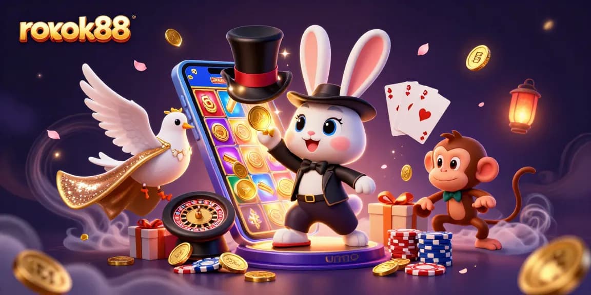 Experience the thrilling magic of rokok88 with a vibrant scene of a magician rabbit and gaming elements.