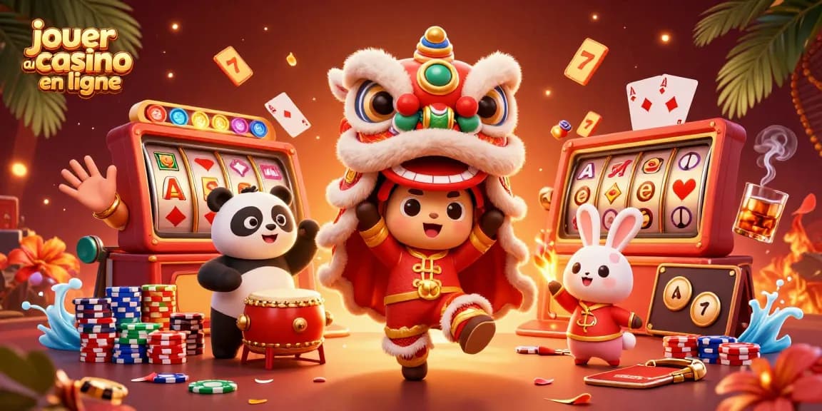 Jouer au casino en ligne avec des personnages colorés dans une scène animée de fête.