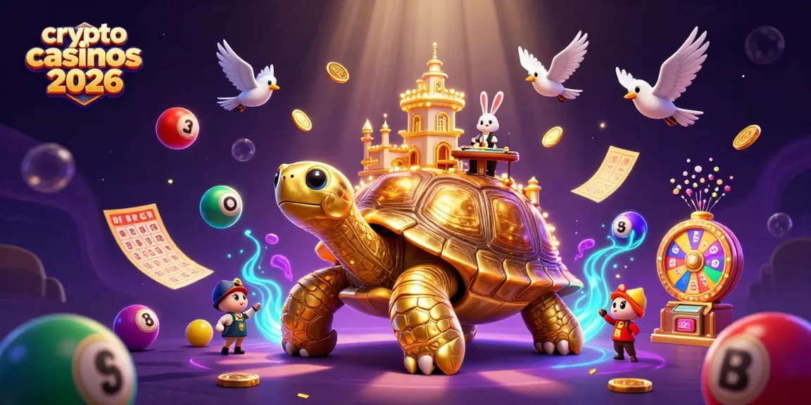 Illustration dynamique de crypto casinos 2026 avec une tortue géante portant un casino miniature.
