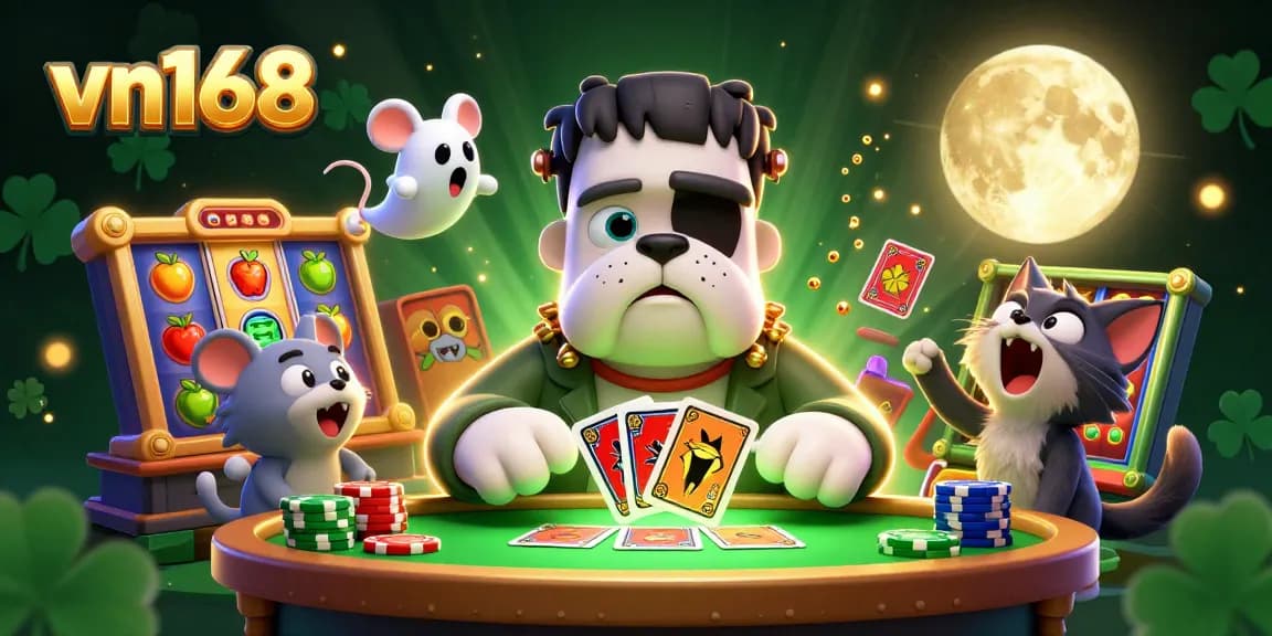 Experience vn168 with a lively 3D casino scene of characters playing cards and winning jackpots.