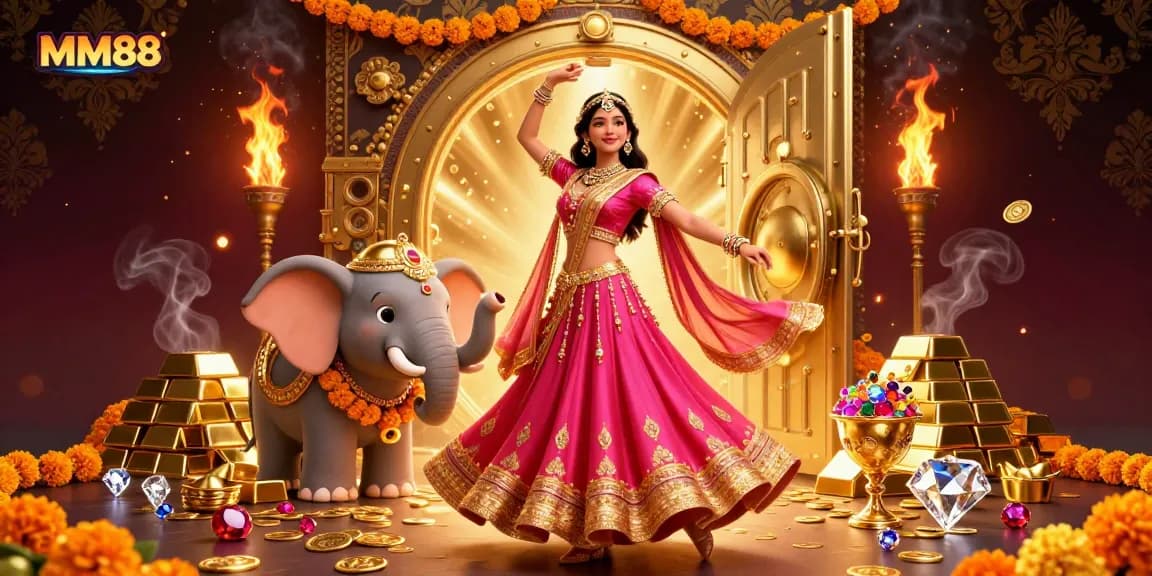 Win big with MM88's vibrant casino scene featuring gold treasures and dynamic gaming elements.