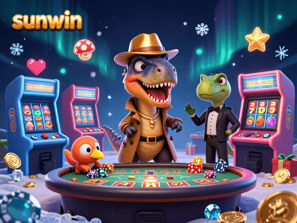 Experience sunwin casino thrills with a dynamic scene of a velociraptor card counter at blackjack amidst casino elements.