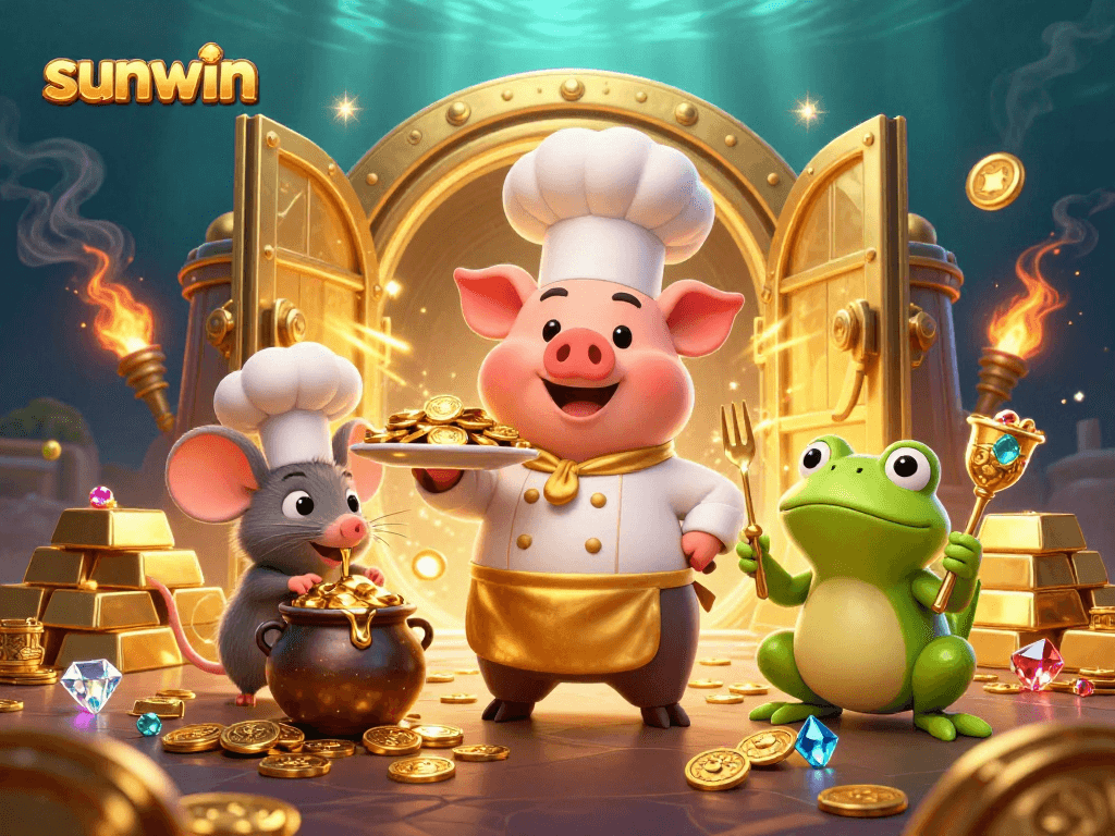 Join sunwin's adventure featuring a chef pig serving gold coins amid dazzling casino treasures.