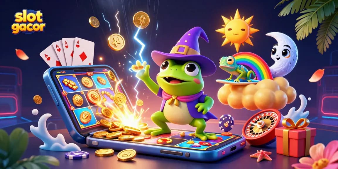 Experience the thrill of slot gacor with golden coins and vibrant casino elements in this dynamic illustration.