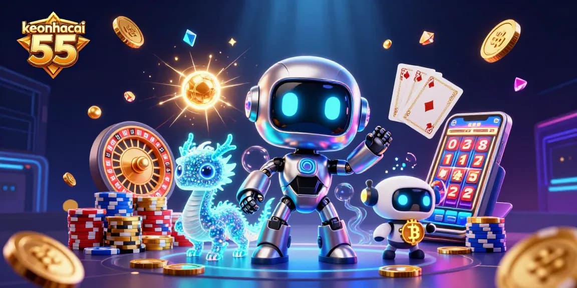 Engage with keonhacai 55 featuring a vibrant 3D illustration of a cyberpunk robot mascot and casino elements.