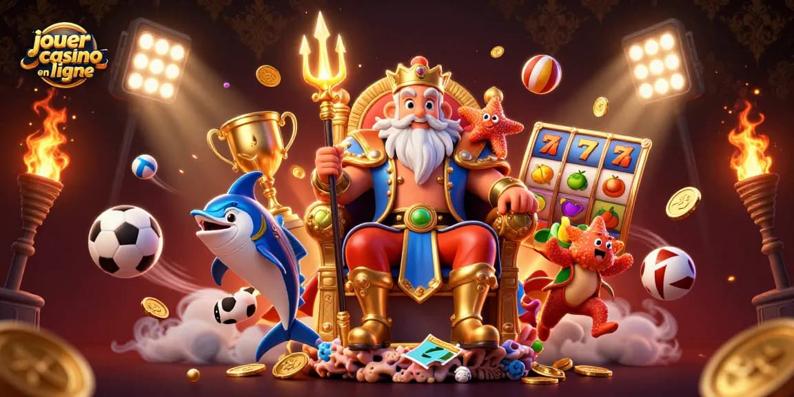 jouer au casino en ligne dans une scène dynamique avec le roi Neptune et des éléments de jeux de machines à sous