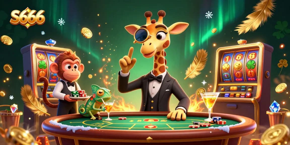 S666 takes center stage in a thrilling casino scene with dynamic characters embodying excitement and elegance, showcasing vibrant gaming elements.