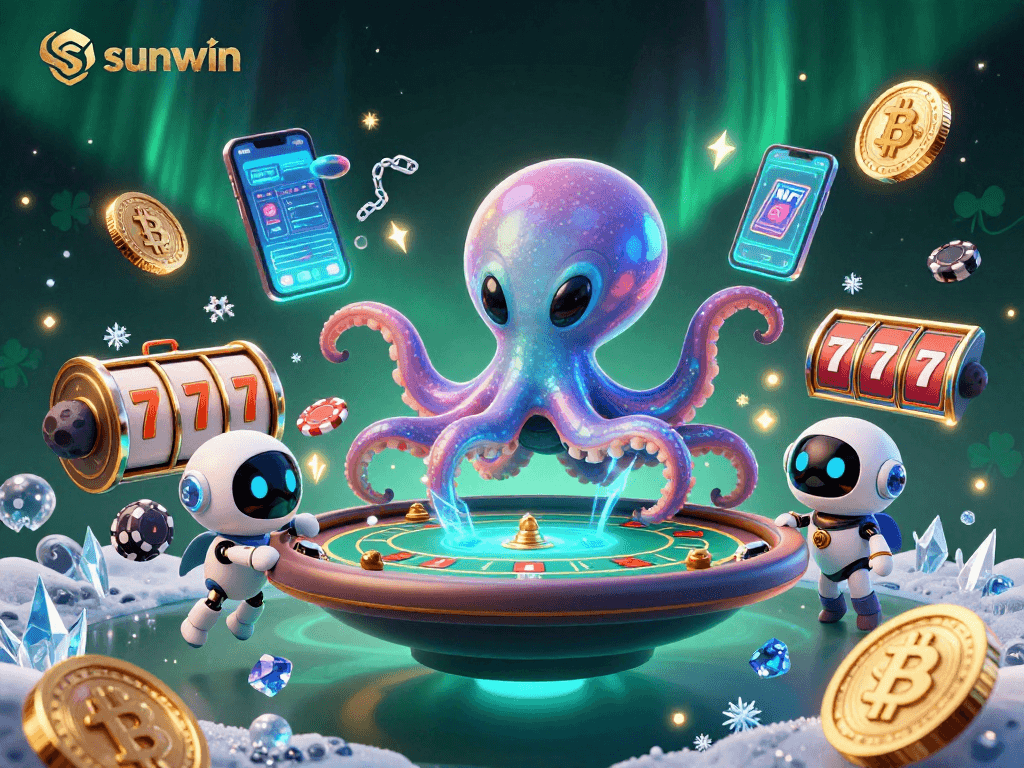 Engage in poker battles with sunwin's alien octopus dealer and tiny robot amidst vibrant casino elements.