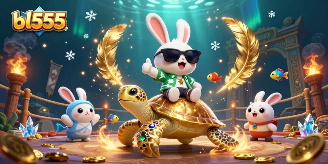 Engaging 3D illustration of bl555 featuring a lucky rabbit and golden sea turtle in a vibrant casino scene.