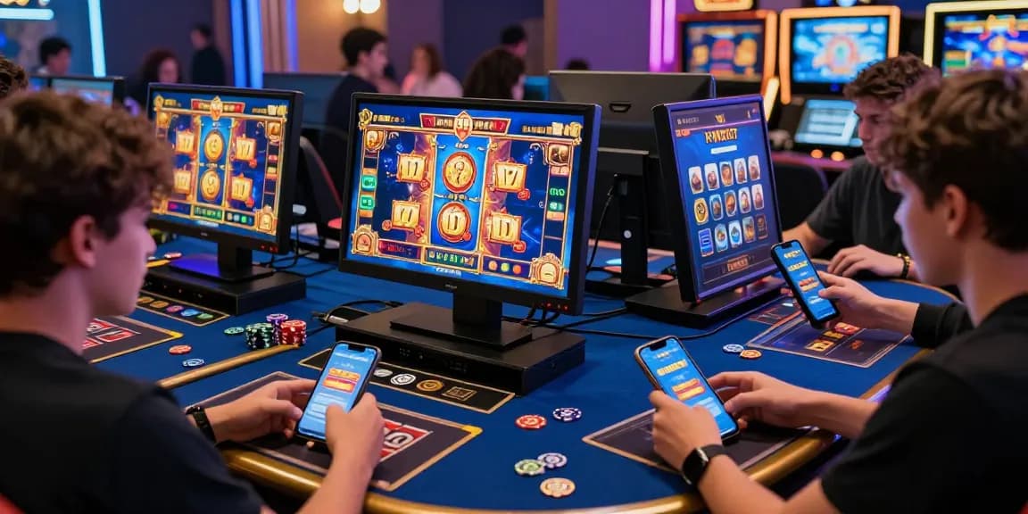 Engaging online gaming scene with players enjoying HWGSLOT slots, colorful screens and community interaction.