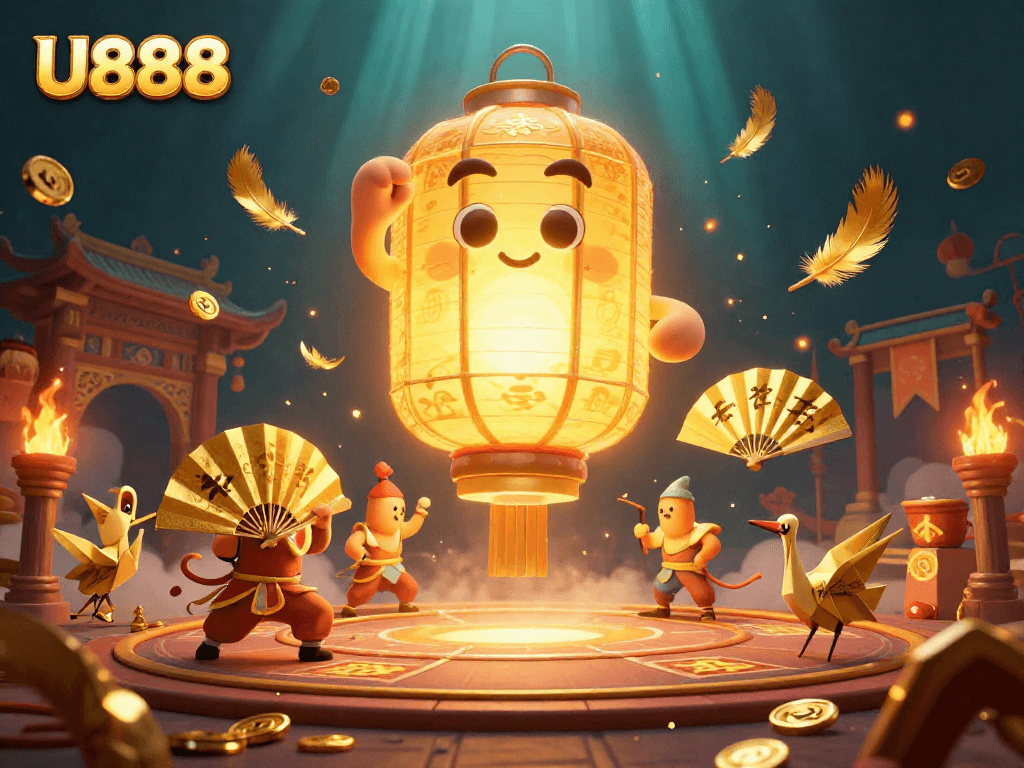Experience U888's vibrant gambling world filled with golden lanterns and lucky symbols.