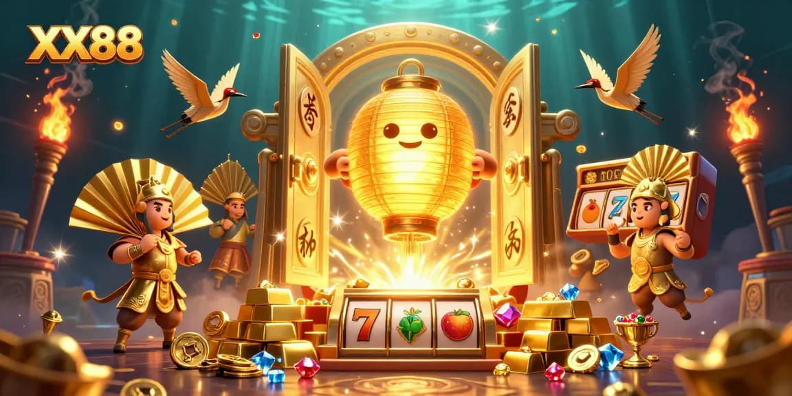 Play exciting games at XX88 with the giant golden lantern spirit surrounded by treasures and lucky symbols.