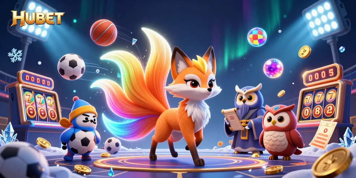 Engage with HUBET's diverse casino games featuring a vibrant nine-tailed fox spirit in an energetic 3D gambling scene.