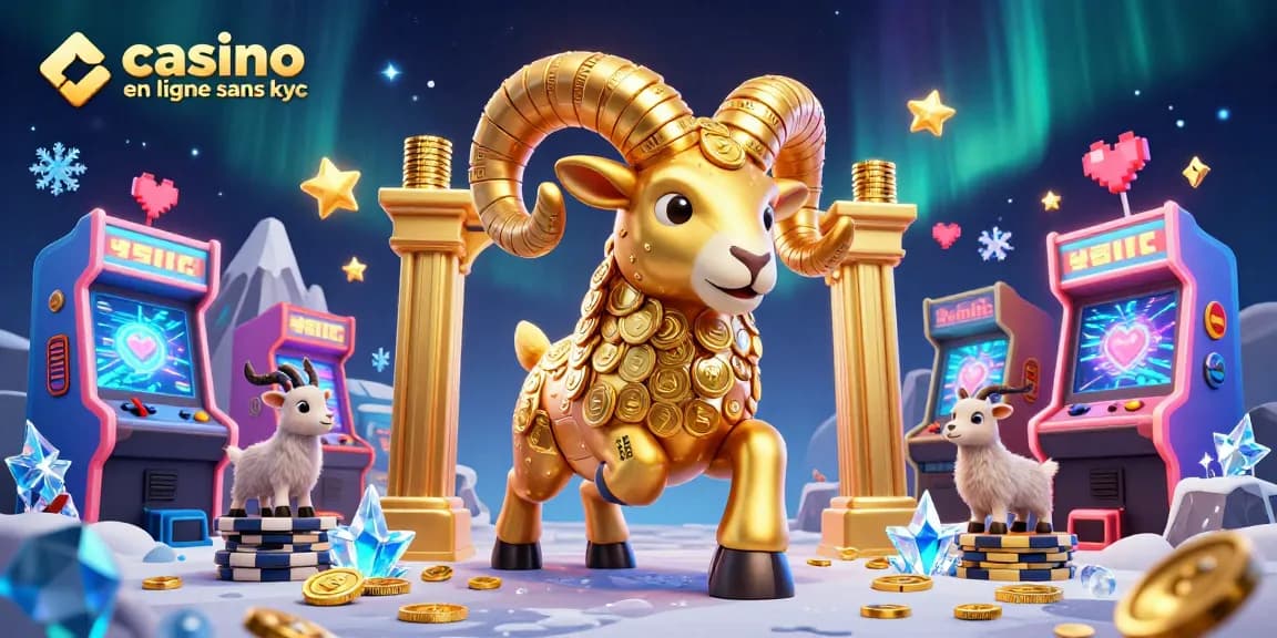 Visualisez le casino en ligne sans KYC avec un bélier doré frappant une porte dorée, entouré de jeux colorés.
