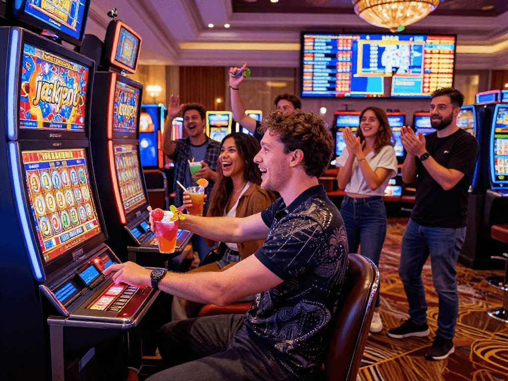Exciting casino scene showcasing a slot jackpot win with friends celebrating in a vibrant setting.