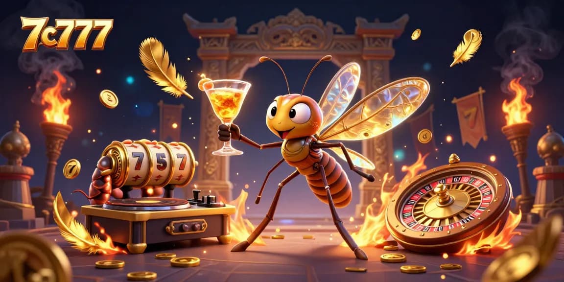 Experience the excitement of 7c777 with a vibrant casino scene featuring unique characters and dynamic slot reels.