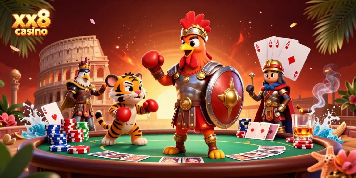 Engage in action at xx8 casino with dynamic cartoon gladiator and poker elements in a vibrant scene.