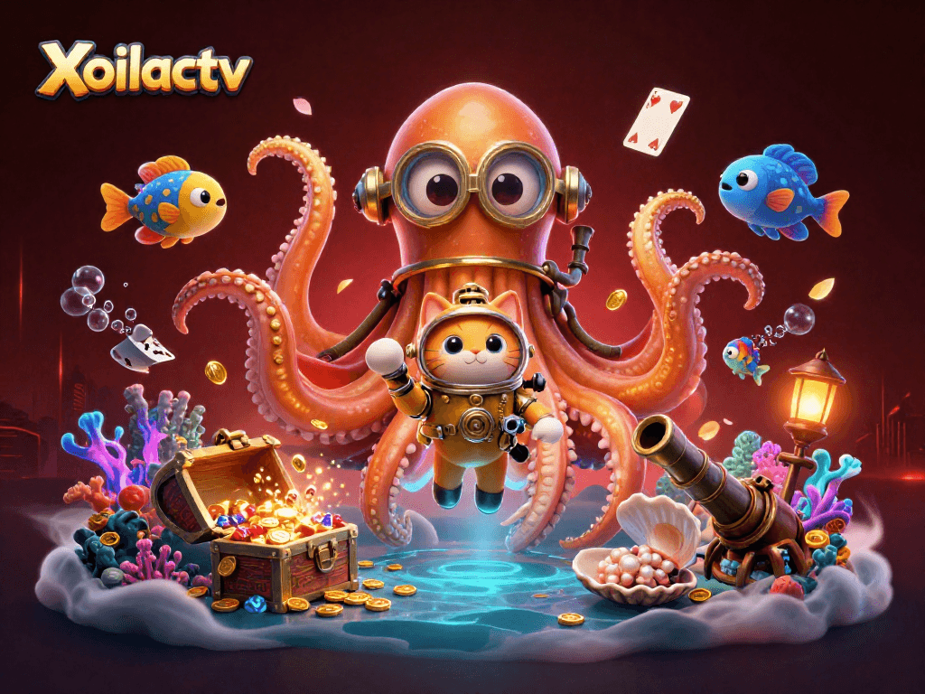 Xoilactv showcases an adventurous scene with a colossal kraken, a diving cat, and bioluminescent fish amidst treasure.