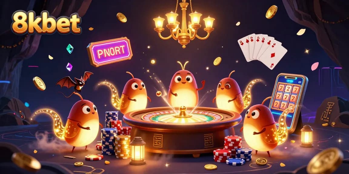Experience 8kbet's vibrant 3D casino scene with glowing characters and dynamic game elements.