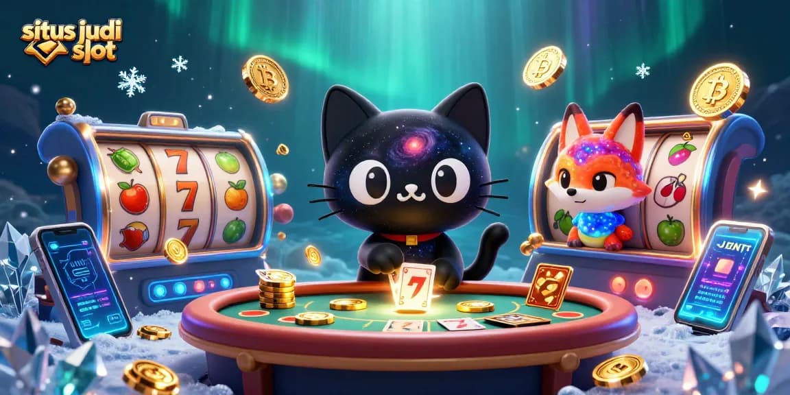 Menang di situs judi slot dengan karakter kucing hitam 3D menarik koin emas dan kartu.