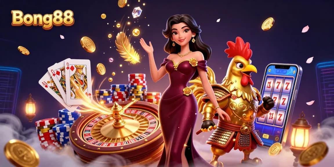 Bong88 showcases a glamorous scene featuring a woman and a golden rooster warrior amidst vibrant casino elements.