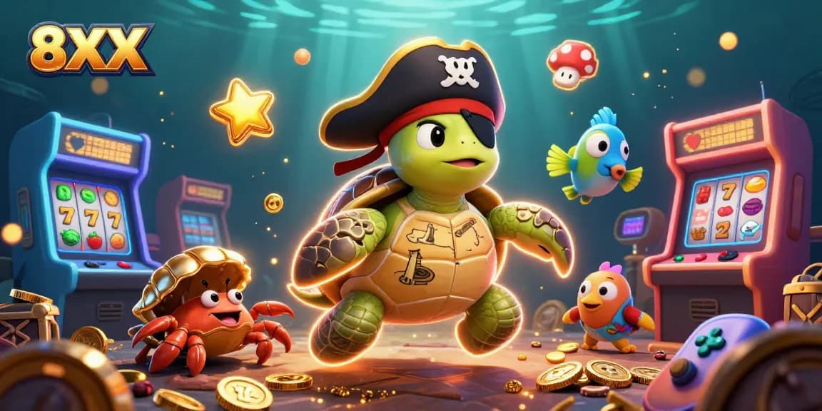 Engage with 8XX's vibrant casino-themed illustration featuring a treasure-hunting pirate turtle.